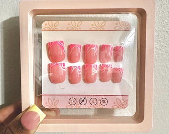 2/2 Short Pink Square - Tropical - French Nails- Line Art Press-On Acrylic Nails-  Matching Pink Design - Easy Apply - Trendy Design
