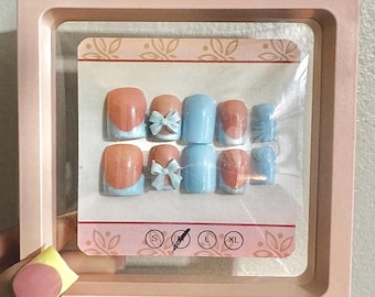 Glossy Light Blue Short- French Nails- Square- Press-Ons - Bow Design– Trendy Nails