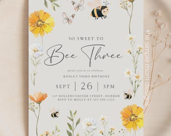 Editable Template, Birthday Invitation, Printable and Instant Download, Bee Three Party Theme, Canva