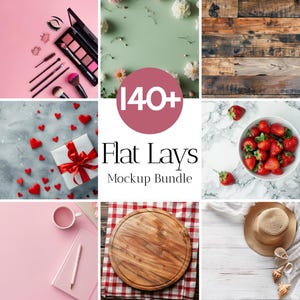 May include: A collection of flat lay images featuring various themes. Includes a wood grain background, makeup, flowers, a wooden pallet, marble, strawberries, a gift with a red bow, and more. The image has the text "140+ Flat Lays Mockup Bundle".