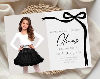 Black Bow Birthday Invitation Template: Minimalist Coquette (Self Editable)