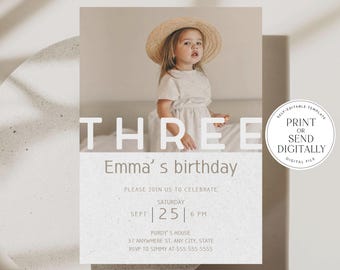 Editable 3rd Birthday Invitation Third Birthday Party Invite Minimalist Boho 3 rd Boy Girl Birthday Instant Digital Download Three Year Old