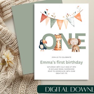 Wild One Photo 1st Birthday Invitation, Safari Animal Boy Birthday Printable Invite, Boho Safari Balloon Digital Template, Lion Elephant Zoo