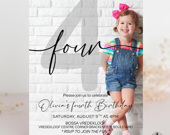 Editable Birthday Template, 4th Birthday Invitation, Minimalist Boho, Instant Download, Four, Canva