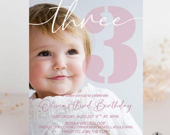 Editable Birthday Template, 3rd Birthday Invitation, Minimalist Boho, Instant Digital Download, Three, Canva