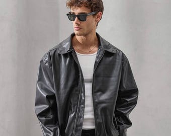 Minimalist Faux Leather Zip Jacket – Unisex Black Streetwear Outerwear