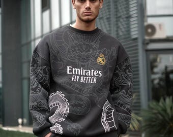 Dragon Print Sweatshirt Retro Real Madrid Graphic