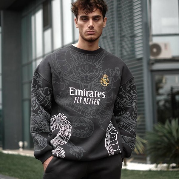 Dragon Print Sweatshirt Retro Real Madrid Graphic