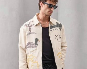 Harvest Spirits Illustrated Canvas Jacket – Unisex Tribal Print Zip Jacket, Brushed Cotton, Boxy Fit