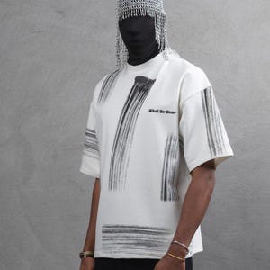 T-shirt Oversize in Cotone con Stampa Astratta a Pennellate Verticali
