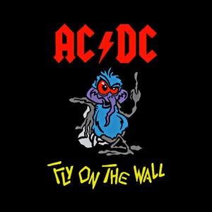 Machine embroidery design. Fly from the cover of the music rock bands AC/DC album + ACDC rock band logo + inscription Fly on the wall file.