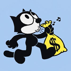 Op de afbeelding: Een zwart-witte cartoonkat rent met een gele geldzak in zijn hand. De kat blaast een fluitje en de zak heeft een dollarteken erop.