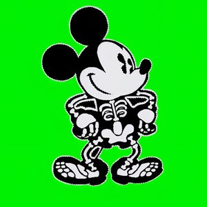 May include: A black and white illustration of Mickey Mouse dressed as a skeleton. He is wearing a skeleton costume with a skull head and ribcage. He is smiling and has his arms crossed.