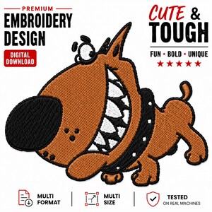 Peut inclure: Motif de broderie de chien de dessin animé marron avec un grand nez noir et un collier clouté. Le motif comprend le texte "CUTE & TOUGH" et "EMBROIDERY DESIGN DIGITAL DOWNLOAD". Multi-format et multi-taille.