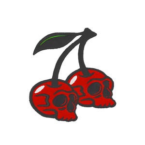 May include: Embroidered patch featuring two red cherries with black stems and a green leaf. The cherries are designed with skull faces, creating a unique and edgy aesthetic. The patch is likely for clothing or accessories.