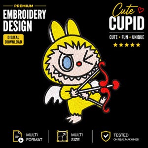 May include: A yellow cartoon cupid with a mischievous expression, holding a red bow and arrow. The design includes the text "Cute Cupid" and "Embroidery Design". The image also includes the text "Digital Download", "Multi Format", "Multi Size", and "Tested on Real Machines".