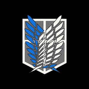 May include: Embroidered emblem with a wing design in white and blue, set against a grey shield shape on a black background. The design is reminiscent of a military or organizational insignia.