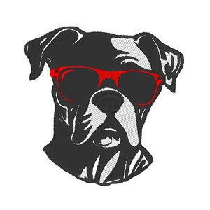Può includere: Illustrazione in bianco e nero di un cane Boxer con occhiali da sole rossi. Il muso del cane è dettagliato con sfumature bianche e nere. Gli occhiali da sole hanno una montatura rossa brillante.