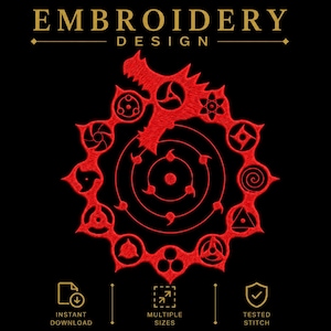 May include: Red embroidery design on a black background. The design features a central circular pattern surrounded by various stylized shapes, with the word "EMBROIDERY DESIGN" at the top. Icons for instant download, multiple sizes, and tested stitch are at the bottom.