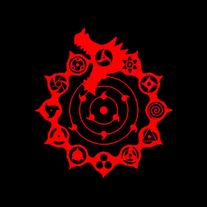 May include: Red dragon-like design with various eye-shaped symbols arranged in a circular pattern on a black background. The central design features concentric circles and a central dot, with a dragon head at the top.