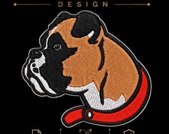 ボクサー犬の頭部をモチーフにしたミシン刺繍デザイン。マルチフォーマット対応、即時ダウンロード可能。