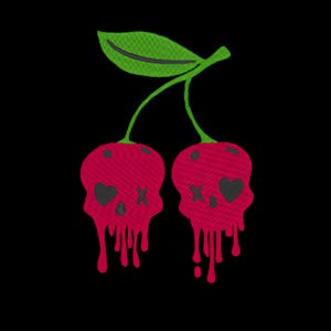 May include: Two red cherries with dripping blood and skull faces. The cherries have black eyes with an X and a heart shape. The stem is green.