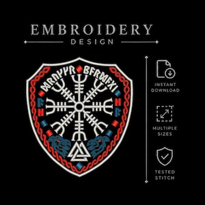 May include: An embroidery design featuring a shield-shaped emblem with a central Vegvisir symbol, two raven heads, and a Valknut knot. The design uses red, blue, and white thread colors on a black background, with text reading EMBROIDERY DESIGN.