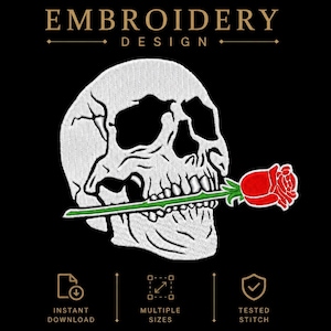 Machine embroidery design.Skull with Rose in mouth.