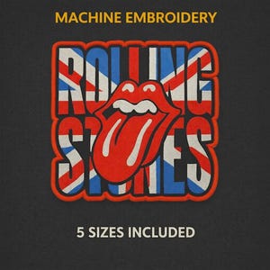 May include: Embroidered patch featuring the Rolling Stones logo, a red tongue and lips, with the words "ROLLING STONES" in a Union Jack design. The text "MACHINE EMBROIDERY" and "5 SIZES INCLUDED" are also present.