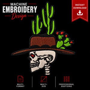 Machineborduurwerk ontwerp schedel in hoed met cactus westerse stijl multi-indeling direct downloaden