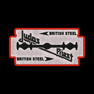 May include: Embroidered patch featuring a razor blade design with the words "Judas" and "Priest" in a stylized font. The text "British Steel" appears above and below the blade, all outlined in red.