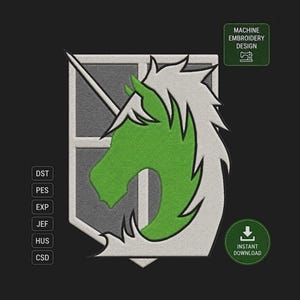 May include: Machine embroidery design featuring a green unicorn head with a white mane and horn, set against a grey shield. The design includes the text "MACHINE EMBROIDERY DESIGN" and "INSTANT DOWNLOAD".