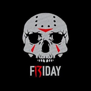 May include: A white skull with a hockey mask and red markings. The text "F13IDAY" is below the skull.