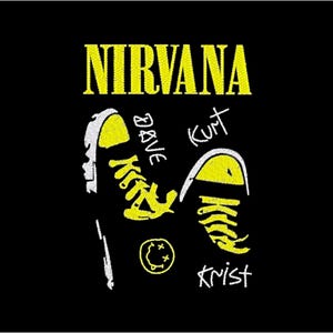 May include: Black graphic featuring the word "NIRVANA" in yellow, above a pair of yellow and white sneakers. The names "Dave", "Kurt", and "Krist" are written in white, along with a smiley face.