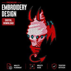 Puede incluir: Diseño bordado en rojo y blanco de un cono de helado diabólico con cuernos, alas y cola de diablo. El diseño incluye el texto "EMBROIDERY DESIGN" y "DIGITAL DOWNLOAD" sobre un fondo negro.