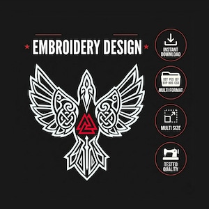 May include: A digital embroidery design featuring a white line-art raven with a red Valknut symbol on its chest. The text EMBROIDERY DESIGN appears at the top. Four circular icons on the right indicate instant download, multi-format, multi-size, and tested quality.