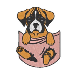 Machine embroidery design.Boxer dog puppy in pocket.