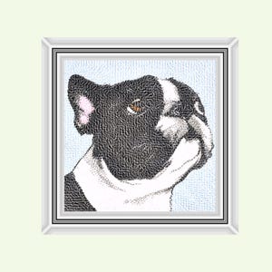 Machine embroidery design. Boston terrier. Photo stitch technique.
