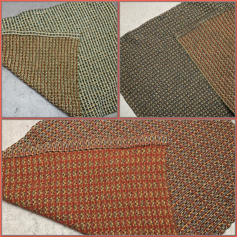 May include: Three different woven rugs with a geometric pattern. The rugs are in shades of brown, green, and orange.