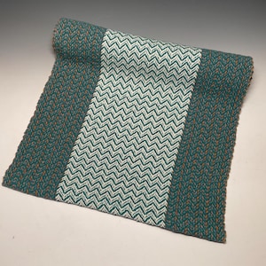 May include: A handwoven textile with a teal and white chevron pattern. The central section features a white chevron design, flanked by teal borders with a textured appearance. The textile is rolled at one end.
