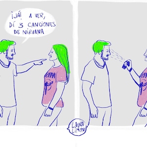 Peut inclure: Bande dessinée en deux panneaux en bleu et blanc. Le premier montre un homme pointant vers une femme, avec du texte au-dessus. Le second montre la femme pulvérisant l'homme avec un vaporisateur. La femme porte un t-shirt rose avec un motif Nirvana.