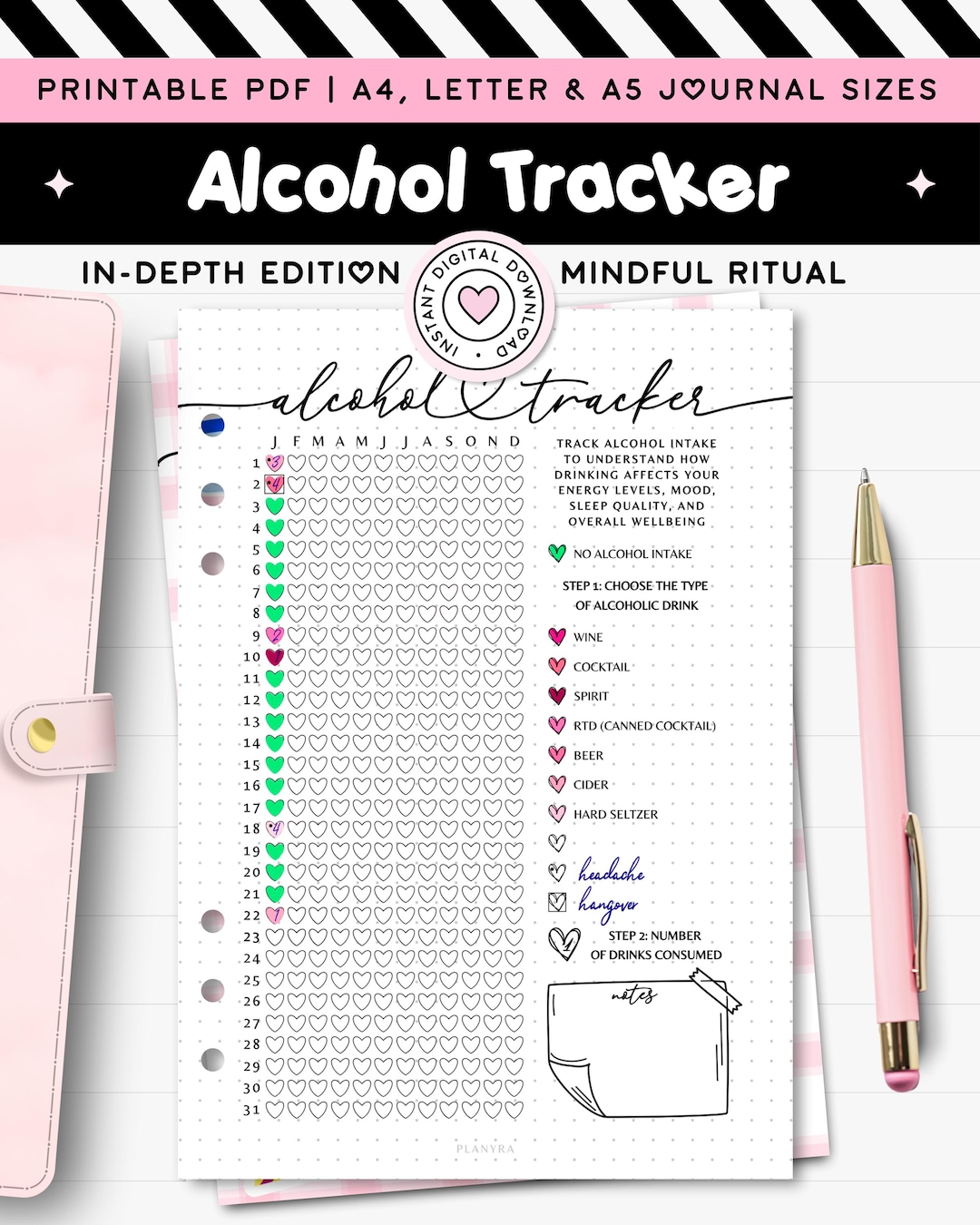 Alcohol Tracker Printable Journal A5 Planner Insert Yearly Drinking Log ...