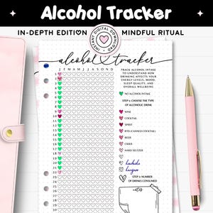 Puede incluir: Un diario rastreador de alcohol imprimible en formato PDF, disponible en tamaños A4, Carta y A5. El diseño presenta una combinación de colores rosa y blanco con un diseño detallado para controlar la ingesta de alcohol, el estado de ánimo y la calidad del sueño. Incluye espacio para notas.