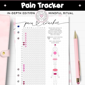 Diario de salud imprimible con seguimiento del dolor, inserto de planificador médico A5, registro anual de síntomas de enfermedades crónicas, fibromialgia, artritis y migrañas.