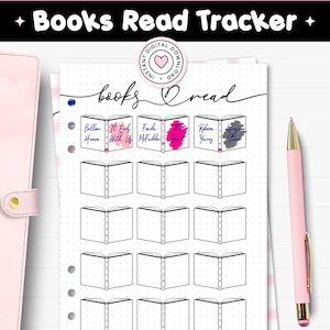 Könnte beinhalten: Ein druckbarer PDF-Buch-Tracker mit dem Text "Books Read Tracker". Das Design zeigt ein Raster von offenen Buchillustrationen zur Verfolgung des Lesefortschritts. Enthält den Text "DRUCKBARES PDF | A4, LETTER & A5 JOURNALGRÖSSEN."