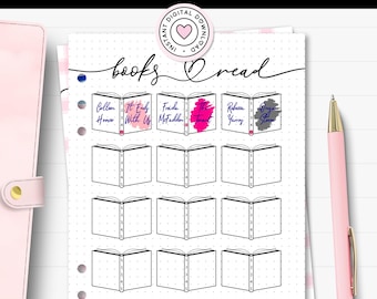 May include: A printable PDF book tracker with the text "Books Read Tracker." The design features a grid of open book illustrations for tracking reading progress. Includes the text "PRINTABLE PDF | A4, LETTER & A5 JOURNAL SIZES."