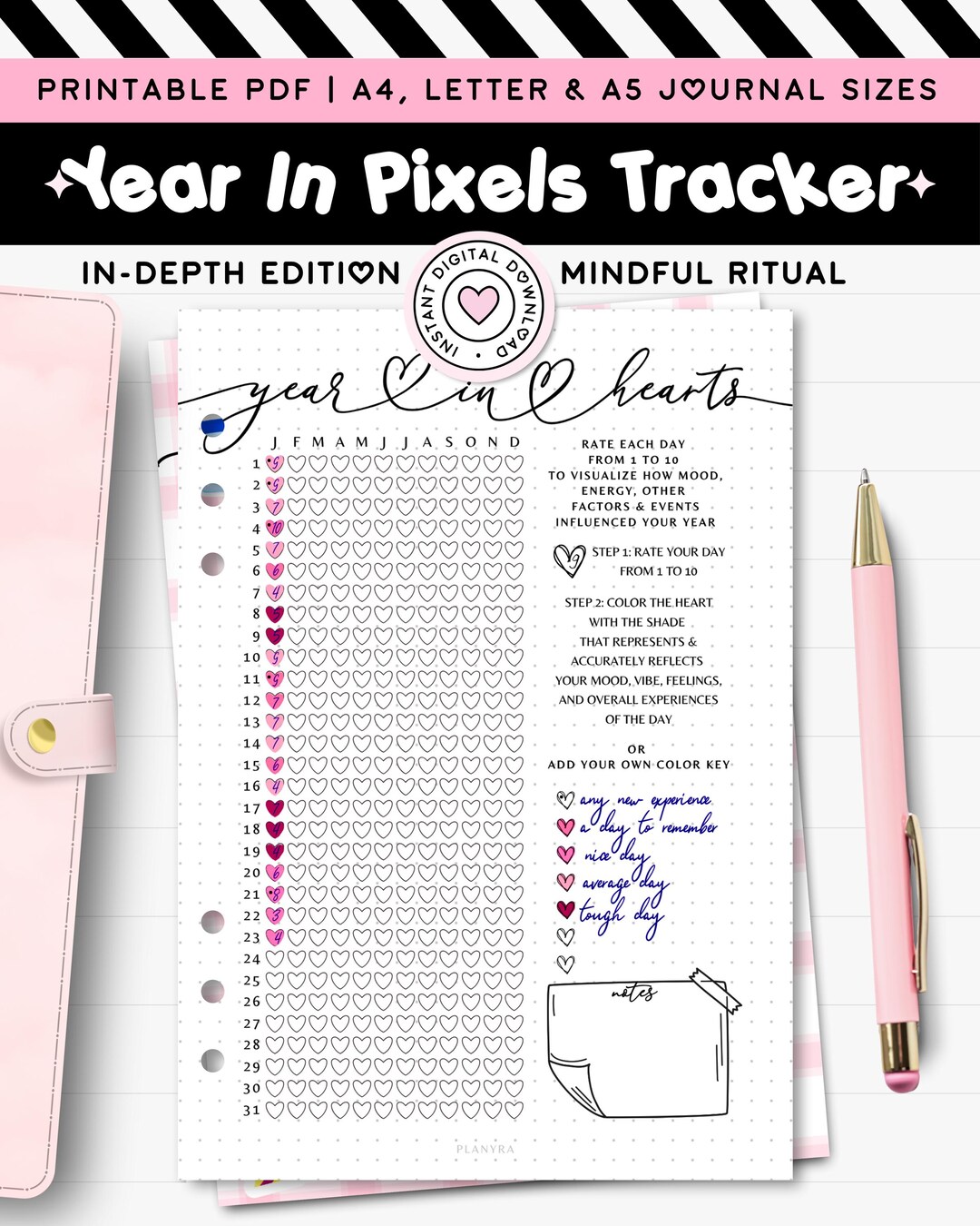 Year in Pixel Tracker Printable Journal A5 Planner Insert Daily Rating ...
