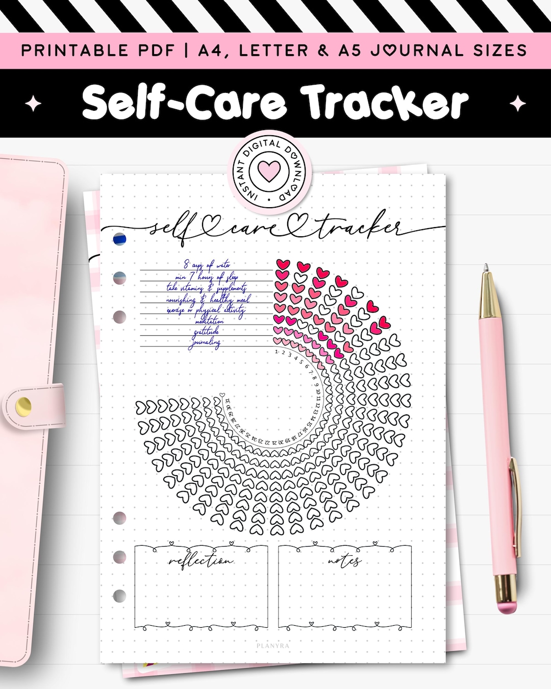 Checklist Wheel Self Care Tracker Printable Journal A5 Wellness Planner Insert Monthly ...