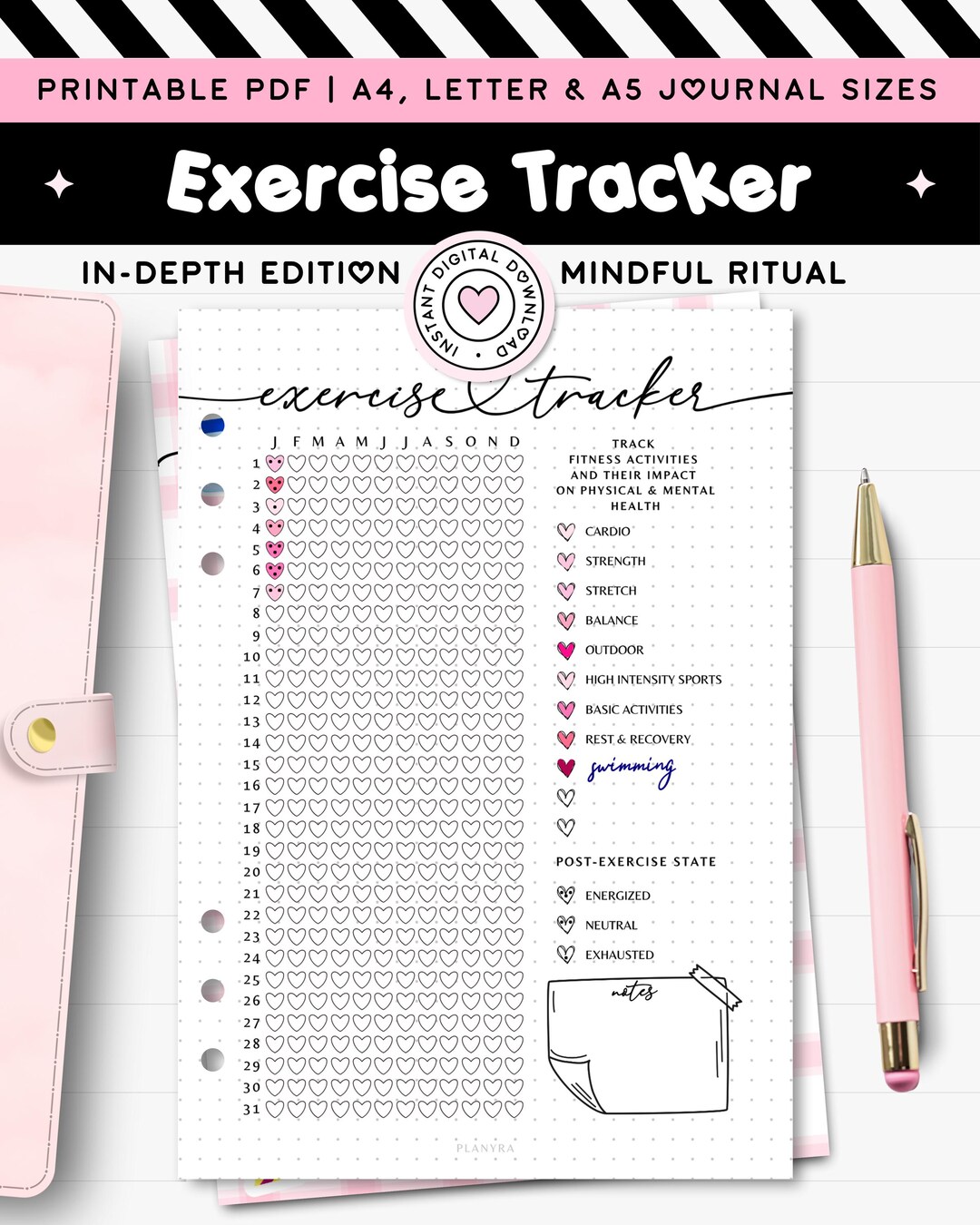 Exercise Tracker Printable Bullet Journal Page, A5 Fitness Planner ...