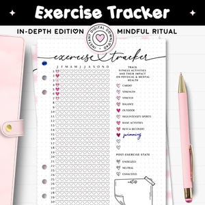 May include: A pink and white exercise tracker journal with the words "Exercise Tracker" at the top. The journal includes sections for tracking fitness activities and their impact on physical and mental health. A pink pen rests on the right side.